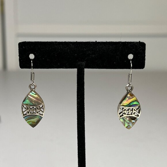 Sterling Silver Abalone Shell Marquise Drop Earrings With Filigree Design - Picture 8 of 9